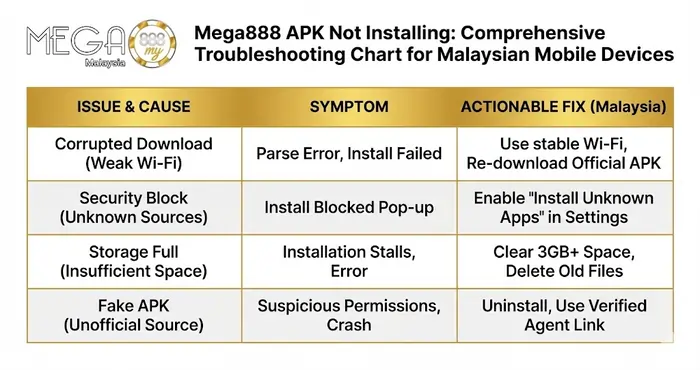 Comprehensive troubleshooting chart for Mega888 APK not installing issues on Malaysian mobile devices