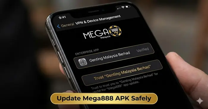 Mobile device displaying the trusted enterprise developer settings to update Mega888 APK safely on iOS