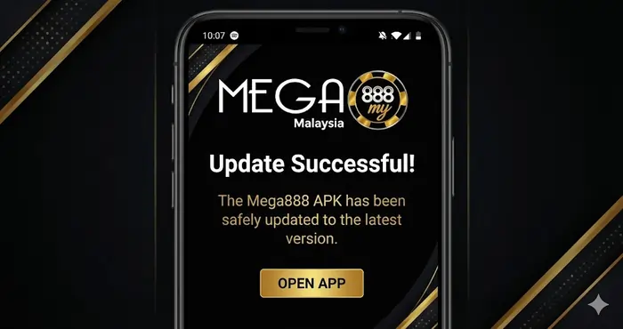 Close up of an Android phone screen showing the successful prompt to update Mega888 APK safely