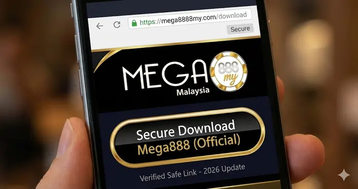 Close up of a mobile phone displaying a secure Mega888 safe download link with HTTPS padlock icon