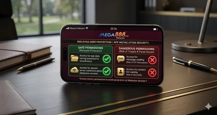 Mobile screen showing a permission audit, a critical step in the 5 things to know before downloading Mega8888 APK.
