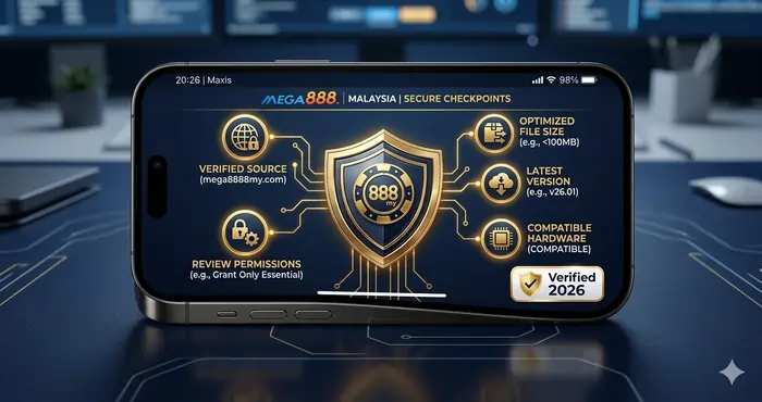 Visual checklist of the 5 things to know before downloading Mega8888 APK for maximum mobile security in 2026.