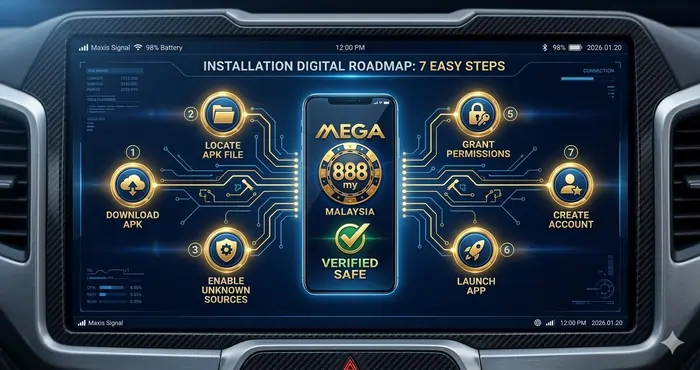 Infographic detailing the 7 easy steps to install Mega8888 APK on Android devices with a secure 2026 interface.