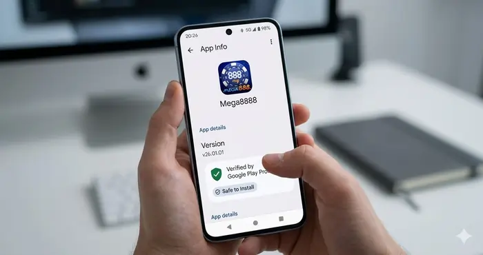 Close-up of an Android 16 screen showing a verified Mega8888 APK version for a safe update without uninstalling in Malaysia.
