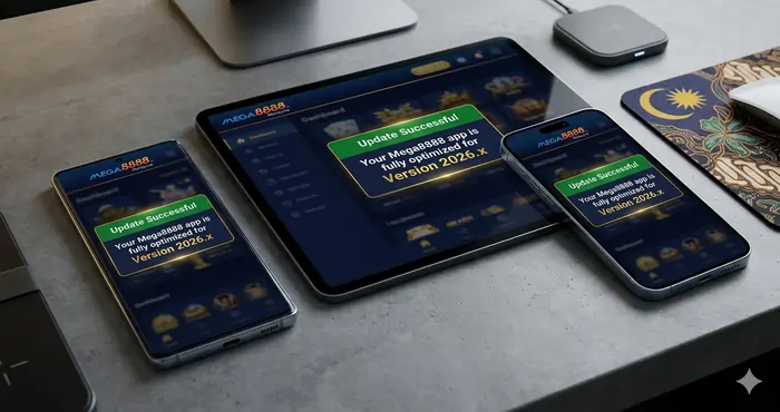 Realistic wide-angle shot of multiple 2026 mobile devices in Malaysia successfully running the latest Mega8888 update.