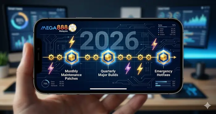 Infographic showing hoe often Mega8888 updates in 2026 in Malaysia, including monthly patches and quarterly major version releases.