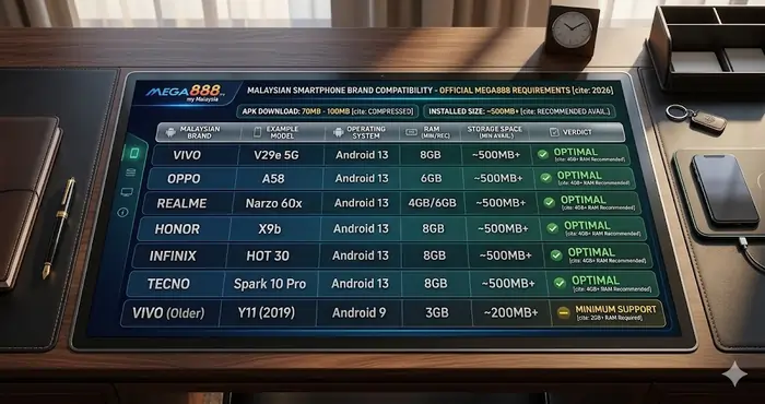 Comparison chart of Malaysian smartphone brands meeting the official Mega888 download size and RAM requirements