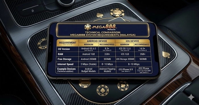 Technical comparison chart of Mega8888 system requirements for Android and iOS devices in the Malaysian market.