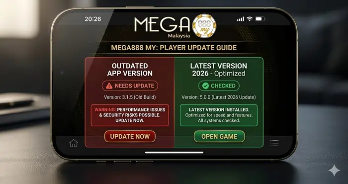 Visual comparison for Mega8888 APK Update and Version Management showing the difference between an outdated app and the latest 2026 release.