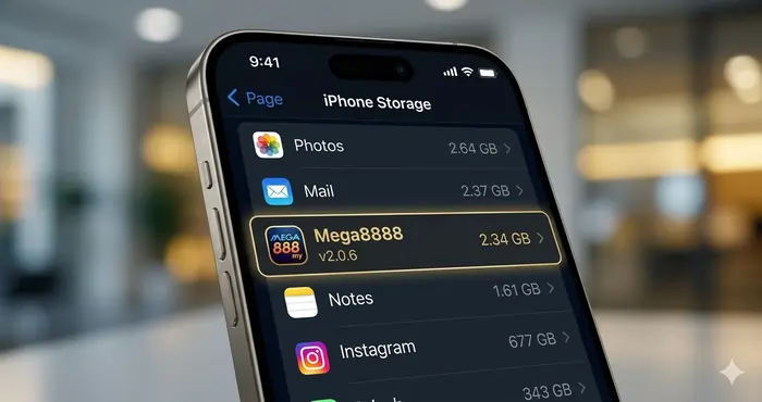 Cinematic 4K close-up of an iPhone showing the Mega8888 version number in iOS storage settings for a safe version check in Malaysia.