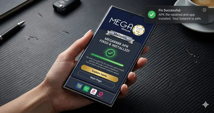Smartphone screen displaying a successful installation after applying the Mega8888 APK corrupted file fix in Malaysia.
