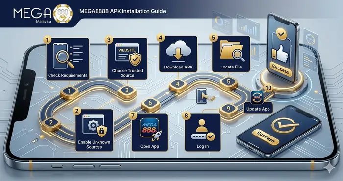 A 10-step visual roadmap for the Mega8888 APK download guide for beginners showing a secure 2026 installation process in Malaysia.