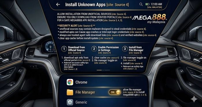 Android smartphone settings screen showing how to enable unknown sources for a safe Mega8888 APK installation