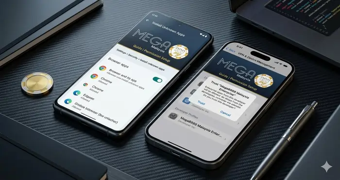 Detailed visual from the Mega8888 APK installation guide list Malaysia demonstrating how to enable unknown sources on Android and trust developer profiles on iOS.