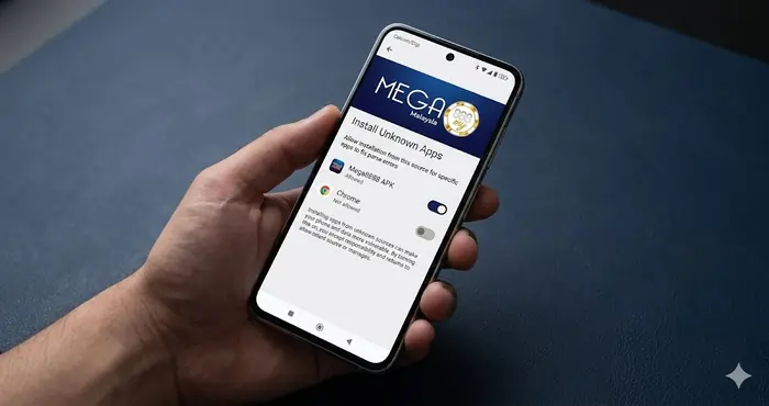 Android phone screen showing the 'Install Unknown Apps' permission toggle for fixing the Mega8888 APK not installing Malaysia error.