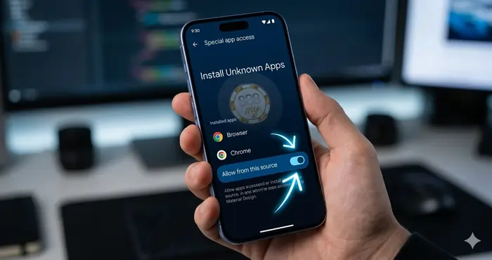 Screen capture of Android 16 security settings for the Mega8888 update failed fix Malaysia, highlighting how to enable unknown app permissions.