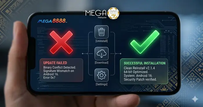 Step-by-step visual infographic for the Mega8888 update failed fix Malaysia showing the transition from error to successful installation.