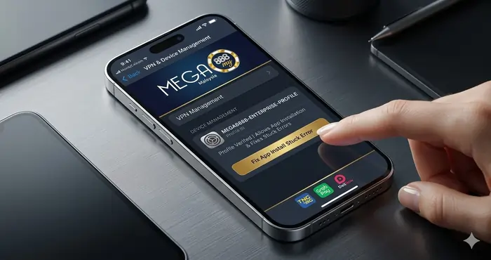 iOS VPN & Device Management menu highlighting the fix for the Mega8888 app stuck on installing issue on iPhone.