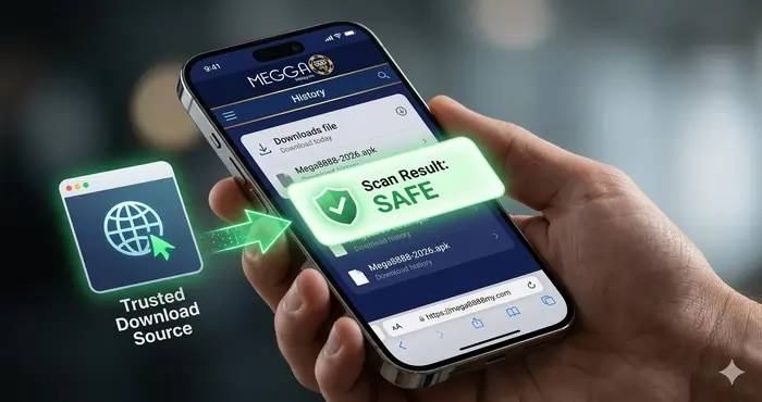 Realistic render of a manual APK installation for Mega8888 in Malaysia showing the security verification steps.