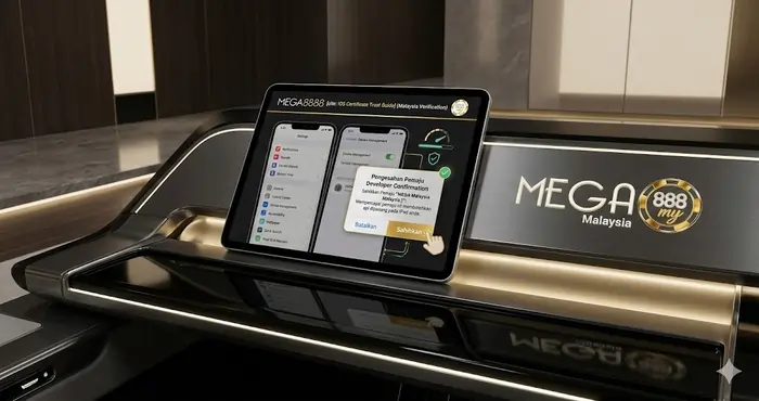 Mobile UI guide illustrating the 'Trust Developer' confirmation step for the Mega8888 iOS enterprise certificate Malaysia on an iPad.