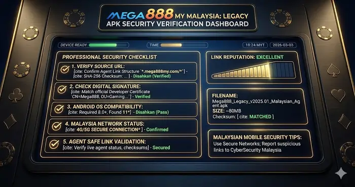 Professional security checklist for verifying a safe Mega8888 old version APK download link on Malaysian mobile devices