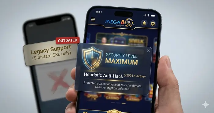 Realistic render of a 2026 smartphone displaying the advanced security features and encryption found in the Mega8888 new version.