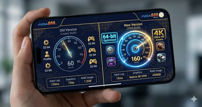 Technical chart showing performance speed and loading time differences between Mega8888 old vs new version comparison in Malaysia.