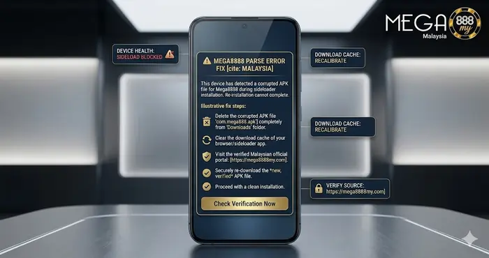 Visual of the Android parse error message box explaining the Mega8888 parse error fix Malaysia for corrupted APK files on mobile devices.