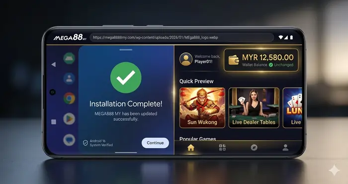Smartphone displaying a successful login after following the guide to update Mega8888 APK safely without losing account Malaysia.