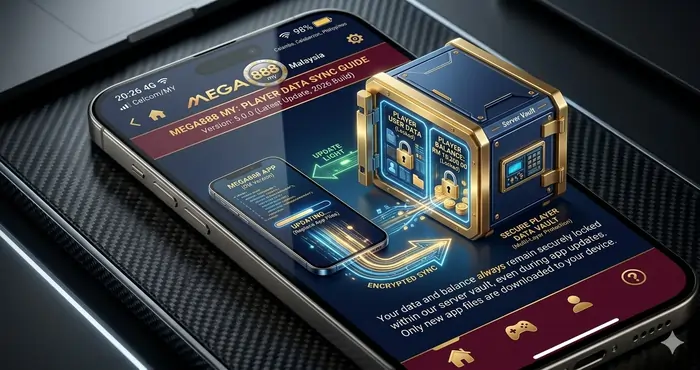 Technical infographic showing how cloud servers keep your balance secure when you update Mega8888 APK safely without losing account Malaysia.
