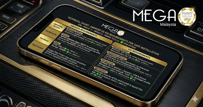 2026 technical chart comparing Android and iOS system requirements for safe Mega8888 installation in the Malaysian mobile market.