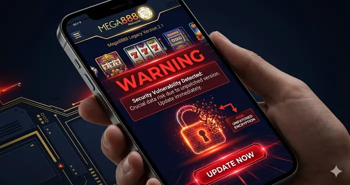 Technical infographic illustrating the critical not updating mega8888 risks such as broken encryption and account vulnerability in Malaysia.
