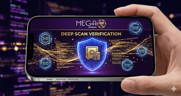 Vibrant cinematic close-up of a secure Mega8888 APK download checklist verification process on a modern Android smartphone with a blue energy shield.
