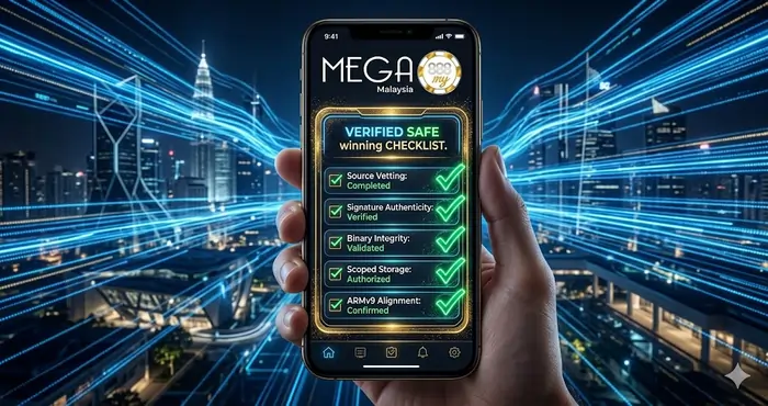 A vibrant 3D infographic of the Mega8888 APK download checklist featuring glowing green checkmarks and futuristic 5G light trails in Malaysia.