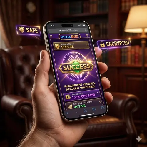 High-contrast close-up of a smartphone screen showing a secure biometric login for online casino security Malaysia with glowing neon purple accents.